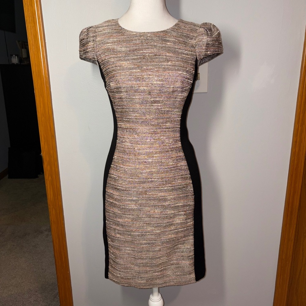 MOUILINETTE SOEURS Anthropologie Tweed Sheath Dress Cap Sleeve Black Paneled